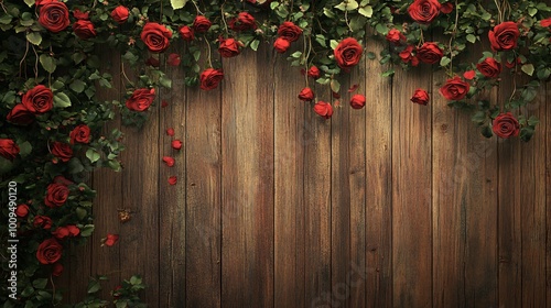 Red roses on rustic wood background.