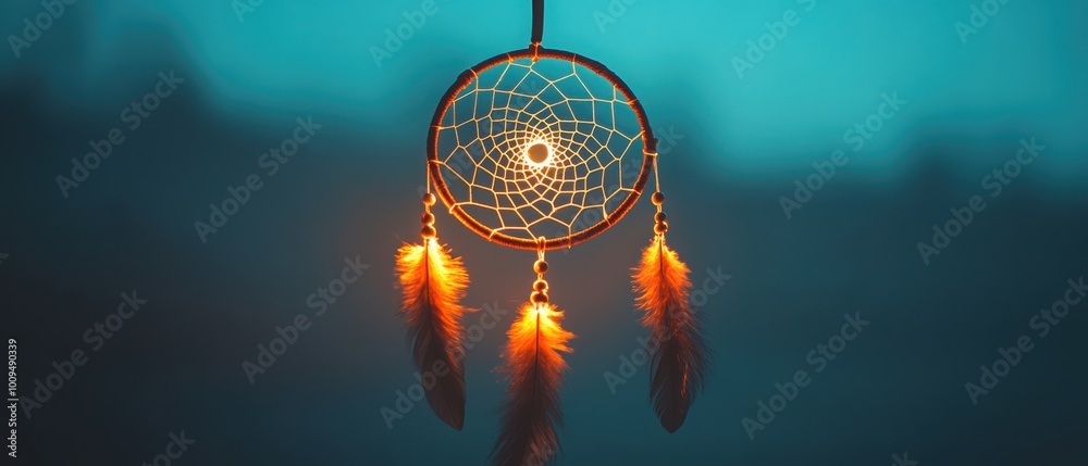 Obraz premium Design a glowing dreamcatcher softly illuminated by moonlight, set against a gradient from dark blue to light gray