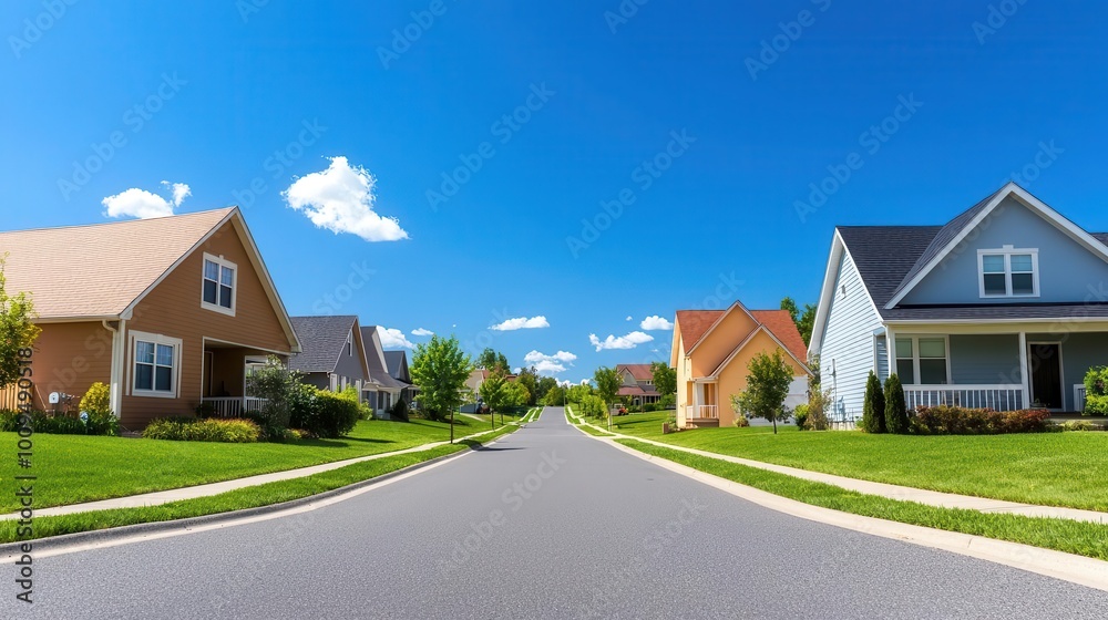 Serene suburban street lined with neatly manicured lawns and identical cookie-cutter houses in warm earth tones under a bright blue cloudless sky Serene suburban street lined with neatly manicured lawns and identical cookie-cutter houses in warm earth tones under a bright blue cloudless sky