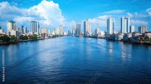 Manila, Philippines - March 5, 2019 Outside Fort Santiago Barges and skyscrapers apartment buildings across Pasig River under blue sky Tower under construction