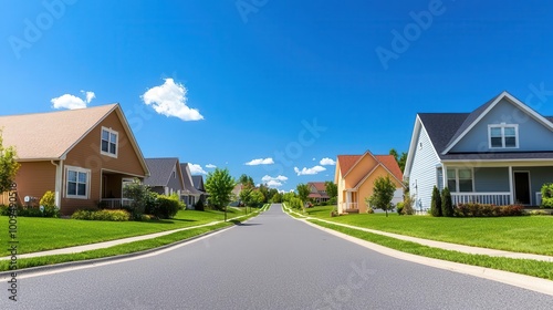 Serene suburban street lined with neatly manicured lawns and identical cookie-cutter houses in warm earth tones under a bright blue cloudless sky