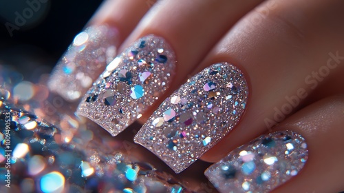 A close-up shot of nails encrusted with small crystals and silver glitter, capturing the dazzling reflections of each stone under bright lighting. The glossy nails sparkle vividly, photo