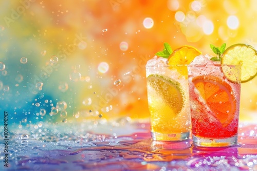 A colorful assortment of drinks with ice cubes in them, generative ai image