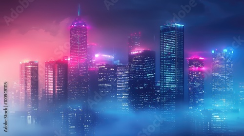 A futuristic city skyline at night, illuminated by vibrant neon lights and enveloped in misty atmosphere.