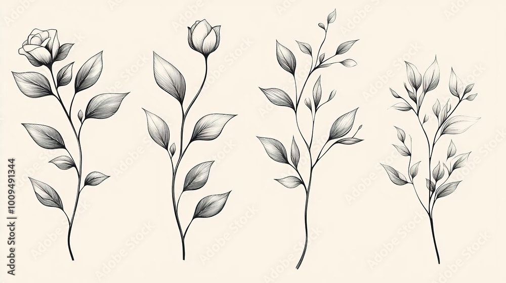 Fototapeta premium Elegant hand-drawn floral illustrations featuring various buds and leaves in a vintage style.