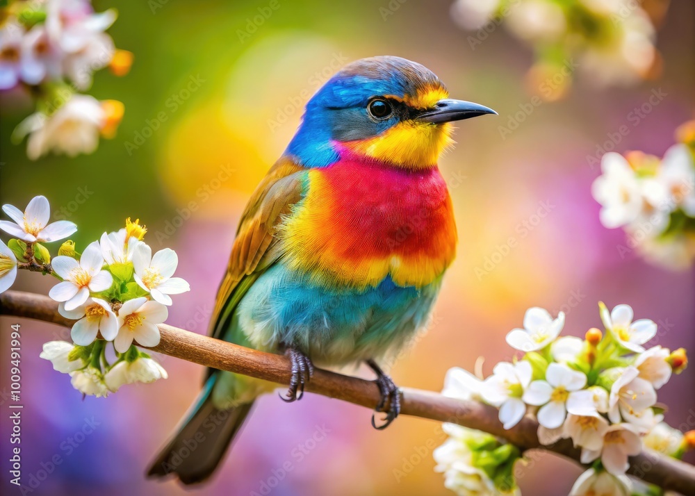 A vivid, colorful bird sits gracefully on a branch, surrounded by a softly blurred spring landscape, enhancing the beauty of nature and its vibrant hues. A vivid, colorful bird sits gracefully on a branch, surrounded by a softly blurred spring landscape, enhancing the beauty of nature and its vibrant hues.