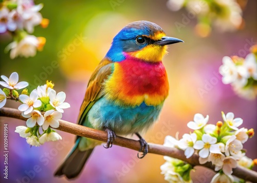 A vivid, colorful bird sits gracefully on a branch, surrounded by a softly blurred spring landscape, enhancing the beauty of nature and its vibrant hues.