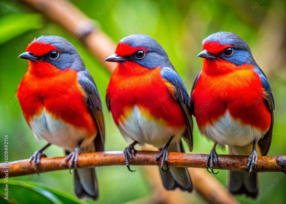 Obraz premium Stunning close-up images of vibrant red-breasted birds perched on branches in natural habitat