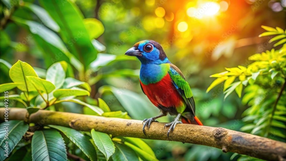 A vividly colored bird rests on a branch surrounded by lush green leaves, creating a tranquil scene in the heart of nature's beauty. A vividly colored bird rests on a branch surrounded by lush green leaves, creating a tranquil scene in the heart of nature's beauty.