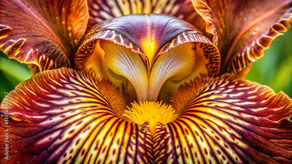 Stunning close-up of a brown iris showcasing intricate details and vibrant color patterns in nature Stunning close-up of a brown iris showcasing intricate details and vibrant color patterns in nature