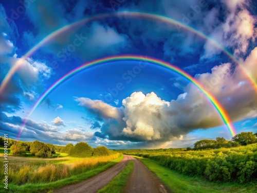 A vivid rainbow arcs gracefully through a clear blue sky, following a refreshing rain shower, illuminating natureâ€™s wonder and vibrant hues in perfect unison.