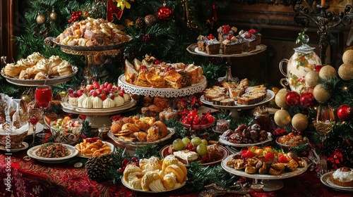 A lavish Christmas dessert table adorned with festive treats including cakes, cookies, and fruits, perfect for holiday celebrations.