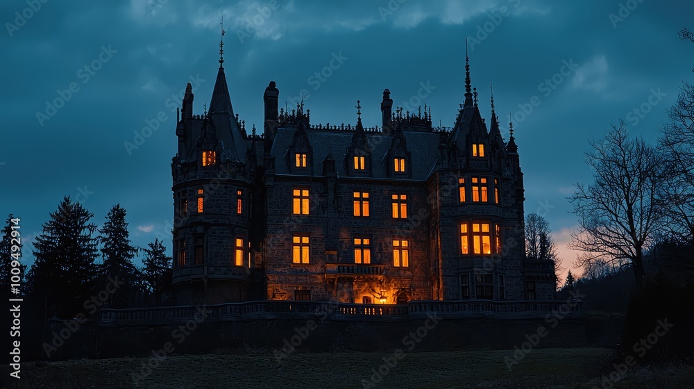 A majestic castle illuminated at dusk, surrounded by trees, showcasing gothic architecture and a mysterious atmosphere.