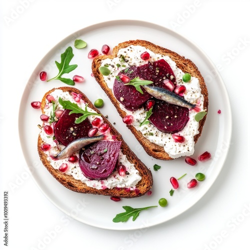 Delicious beetroot toast sits on a white plate. The vibrant toppings include creamy cheese, pomegranate seeds, and fresh herbs. Perfect for breakfast or brunch. AI