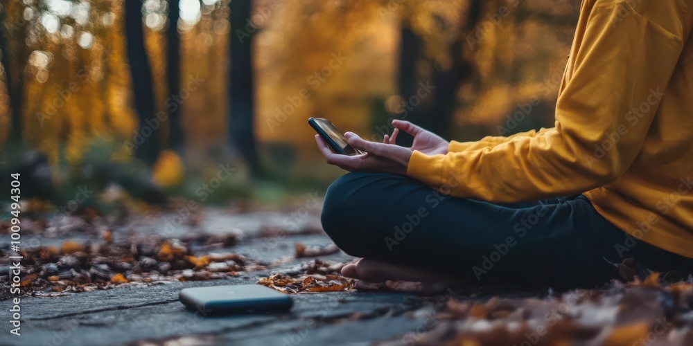 A person meditates outdoors in autumn, holding a phone amidst fallen leaves. A person meditates outdoors in autumn, holding a phone amidst fallen leaves.
