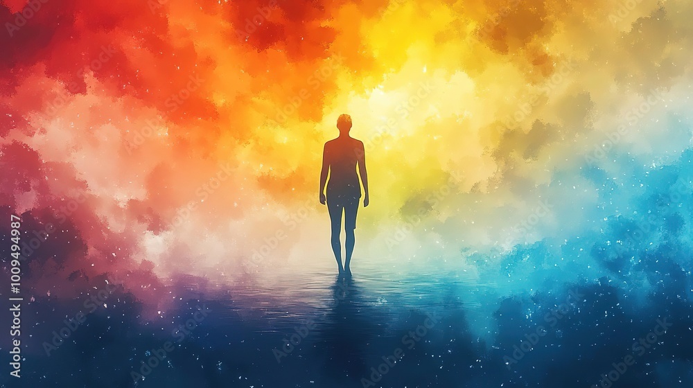 An enchanting silhouette stands amidst vibrant colors, representing exploration, reflection, and the journey of self-discovery. An enchanting silhouette stands amidst vibrant colors, representing exploration, reflection, and the journey of self-discovery.