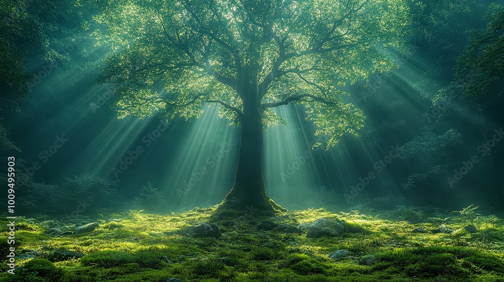 Fototapeta premium Sunbeams Through Forest Canopy - Nature Photography