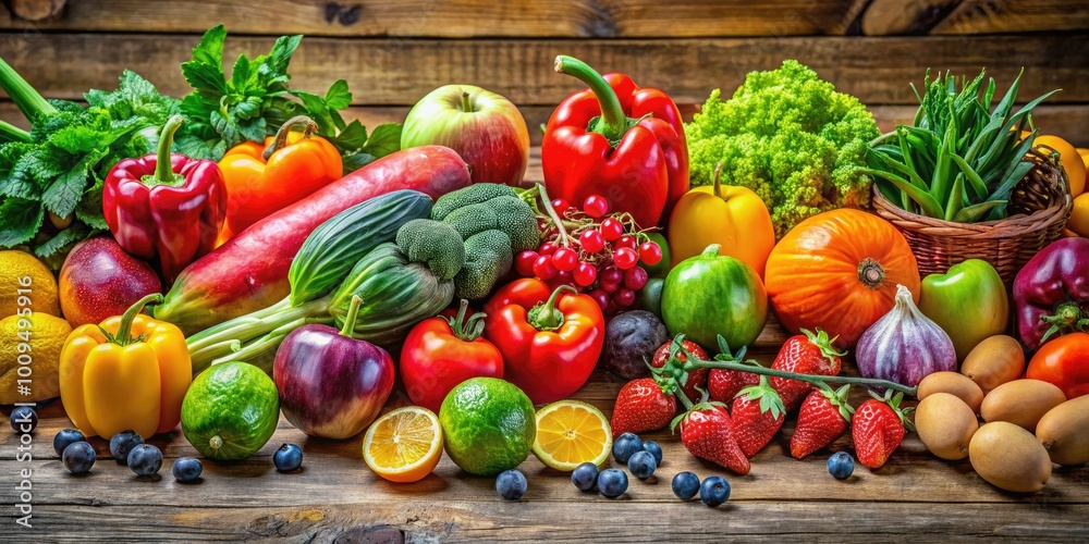 A wooden table displays an assortment of fresh fruits and vegetables, epitomizing nutritious eating and encouraging a healthier lifestyle through vibrant, wholesome food choices. A wooden table displays an assortment of fresh fruits and vegetables, epitomizing nutritious eating and encouraging a healthier lifestyle through vibrant, wholesome food choices.