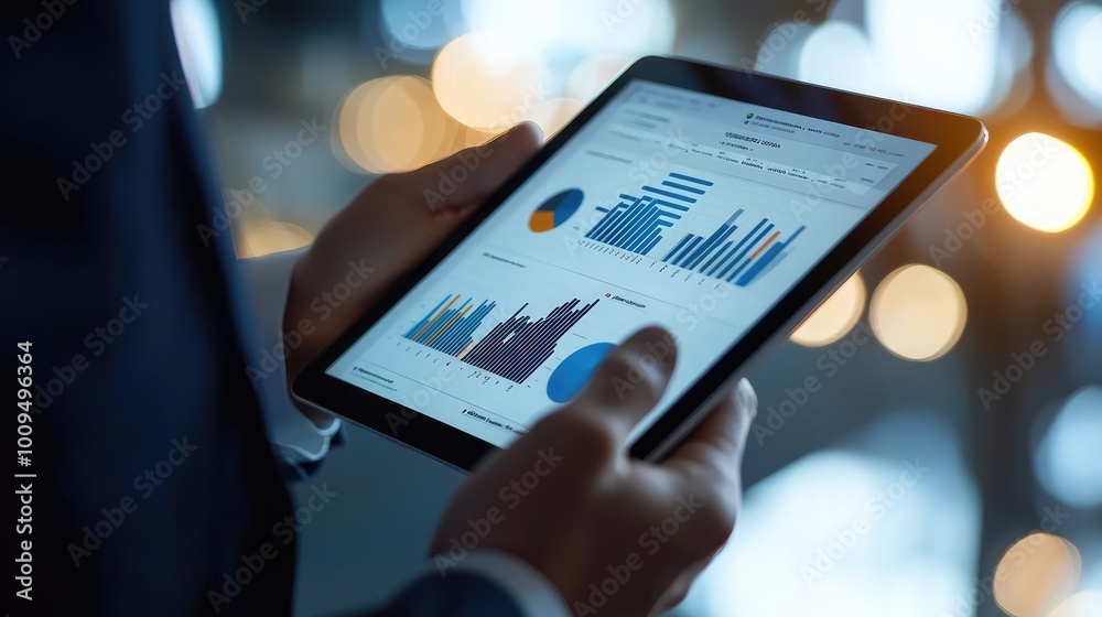 A professional analyzing data on a tablet, displaying various graphs and charts in a modern business environment. A professional analyzing data on a tablet, displaying various graphs and charts in a modern business environment.