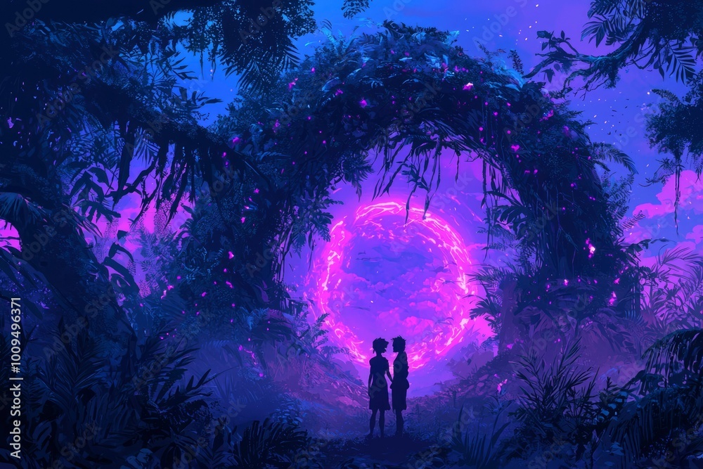 Couple Silhouetted Against a Purple and Blue Sky and a Glowing Orb in a Jungle Setting Couple Silhouetted Against a Purple and Blue Sky and a Glowing Orb in a Jungle Setting