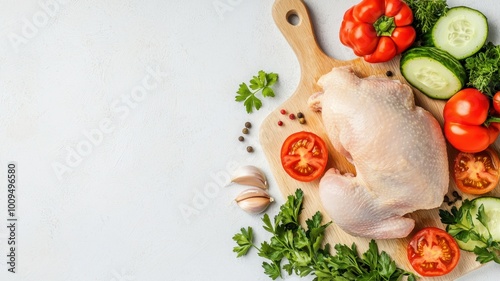 Raw chicken with fresh vegetables on a cutting board, white isolate background. photo