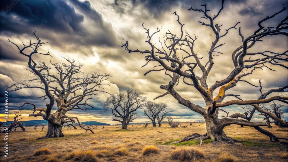 Bare, twisted branches of withered trees stretch towards a grey sky ...