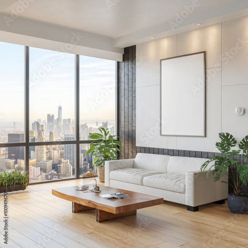 Blank poster mockup in modern living room with cityscape view. 3D Rendering