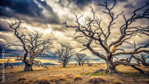 Bare, twisted branches of withered trees stretch towards a grey sky, their limbs contorted in a surreal, eerie landscape of desolation and decay. photo