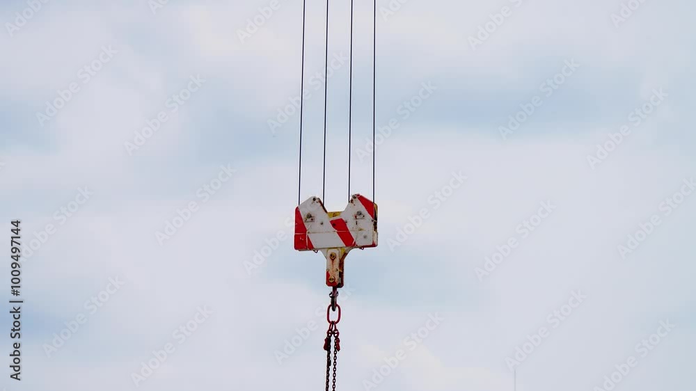 Concept of construction of new high rise buildings. Repair. Close up view of crane hook against blue sky. Construction Concept of construction of new high rise buildings. Repair. Close up view of crane hook against blue sky. Construction