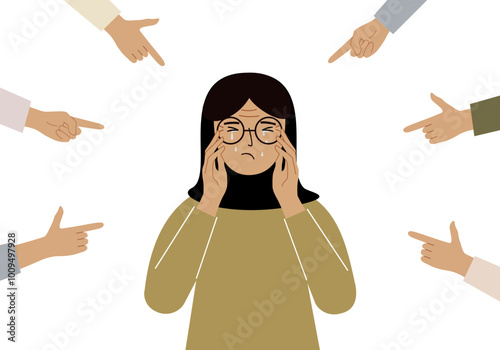 The concept of public condemnation, victim blaming and bullying. Crying depressed woman. The fingers point at the character and hate him. Internet cyberbullying. Vector flat illustration