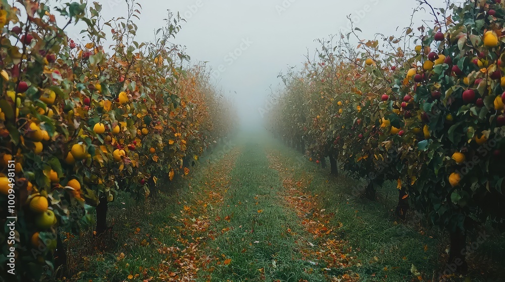 A serene apple orchard surrounded by mist, showcasing vibrant apples hanging from trees along a grassy path. A serene apple orchard surrounded by mist, showcasing vibrant apples hanging from trees along a grassy path.