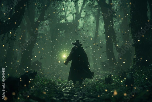 A Silhouette of a Figure in a Dark and Enchanting Forest photo