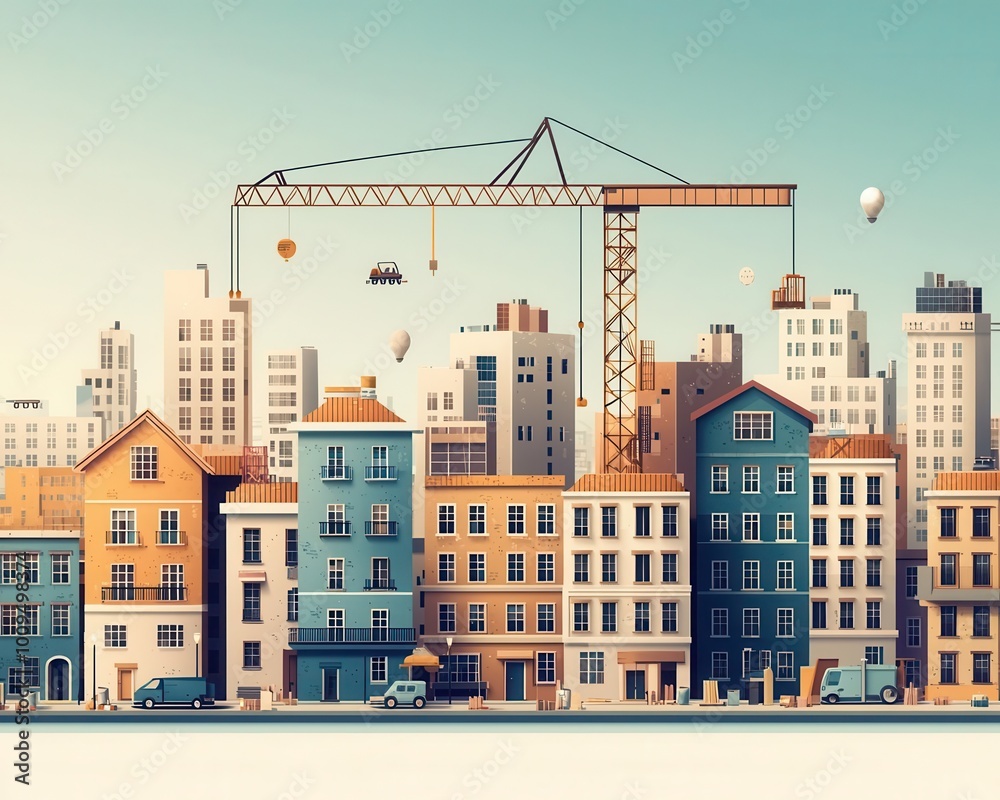 Fototapeta premium Construction site Building process of multi-storey apartment houses development Condo and cranes