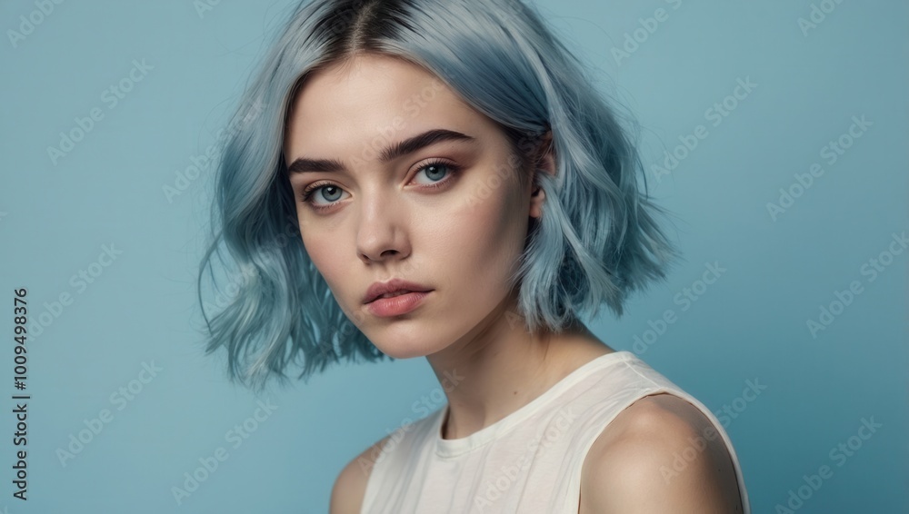 Naklejka premium Portrait of young woman with short blonde hair and neutral expression