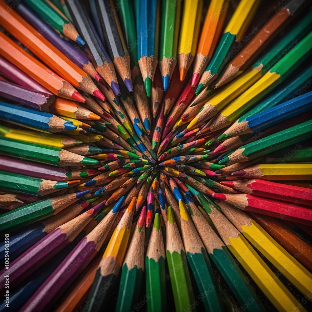 Colorful pencils arranged in radial pattern, creating vibrant and abstract design Colorful pencils arranged in radial pattern, creating vibrant and abstract design