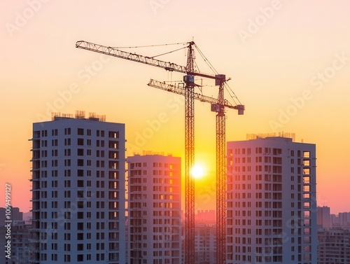 The image shows a construction site with several multistory buildings under development, bathed in the warm glow of a setting sun, with vivid colors and a clear sky