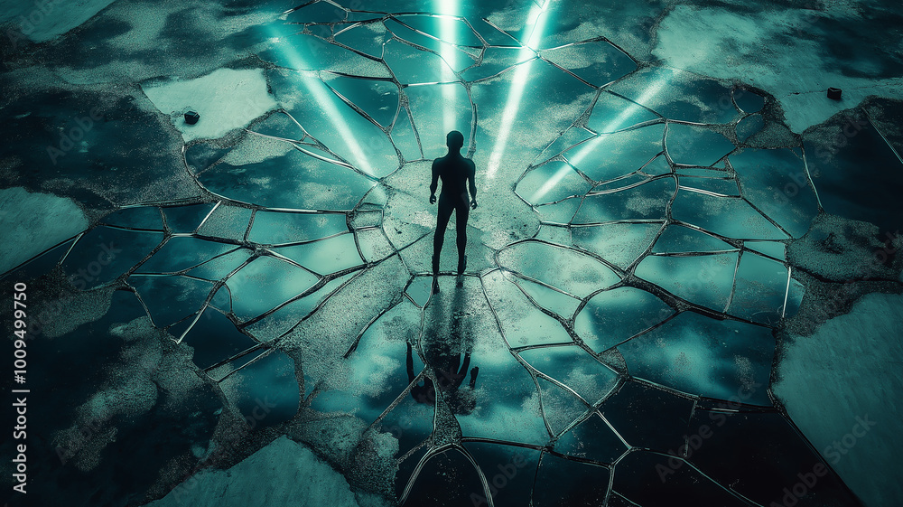 Breaking Boundaries, Photograph a human figure standing on a cracked glass floor, with light beams shooting upwards, symbolizing breaking through limitations Breaking Boundaries, Photograph a human figure standing on a cracked glass floor, with light beams shooting upwards, symbolizing breaking through limitations