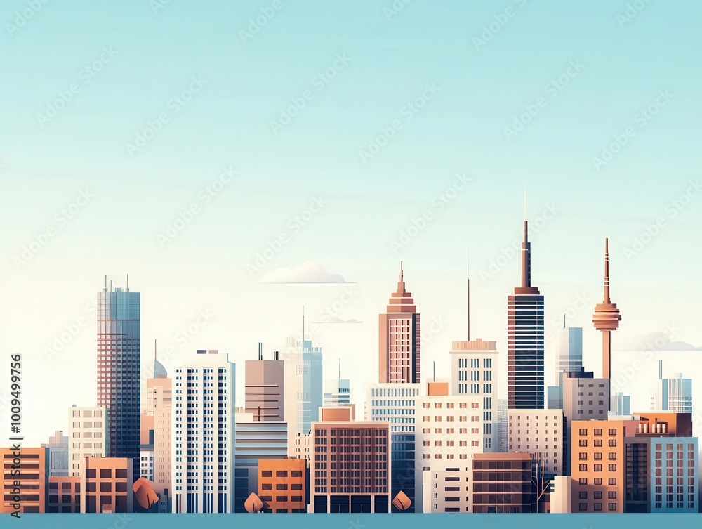Fototapeta premium Metropolitan Scene with Skyscrapers, Contemporary Architecture, and Vibrant Urban Infrastructure under a Clear Blue Sky, Showcasing the Thriving Modernity and City Life