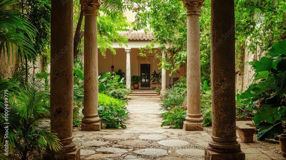 A serene garden pathway framed by lush greenery and elegant columns, inviting peaceful contemplation and tranquility. A serene garden pathway framed by lush greenery and elegant columns, inviting peaceful contemplation and tranquility.
