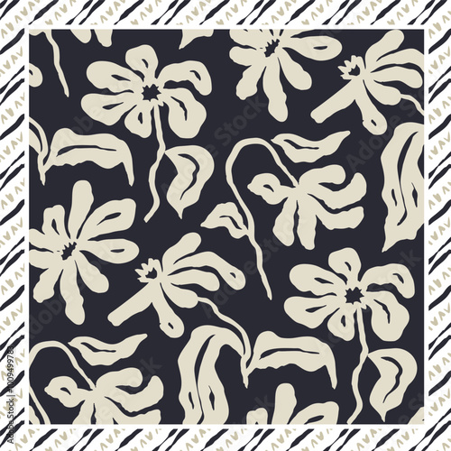 Monochrome black and white brush strokes inky flowers scarf or bandana design. Abstract floral contemporary background.