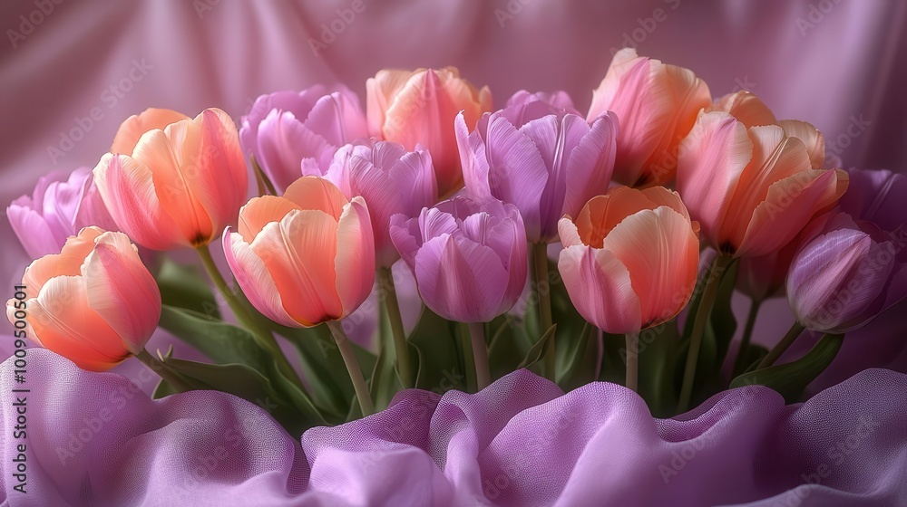 Fototapeta premium vibrant pink and lavender tulips scattered across a textured lavender fabric casting delicate shadows creating a soft floral composition that exudes tranquility