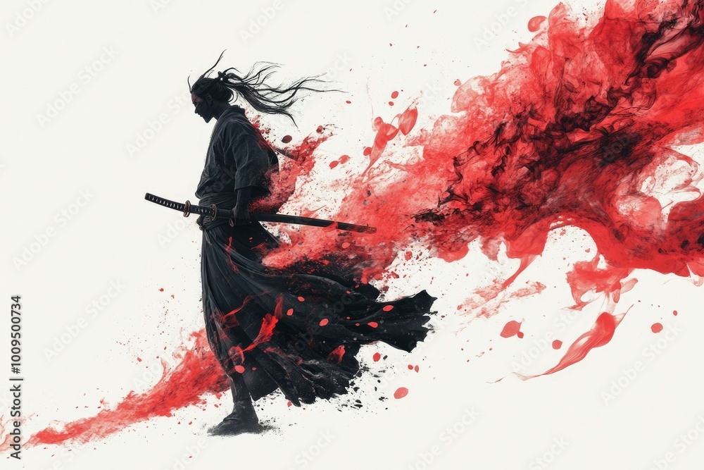 Silhouette of a Samurai Warrior With Red Ink Splashes Silhouette of a Samurai Warrior With Red Ink Splashes