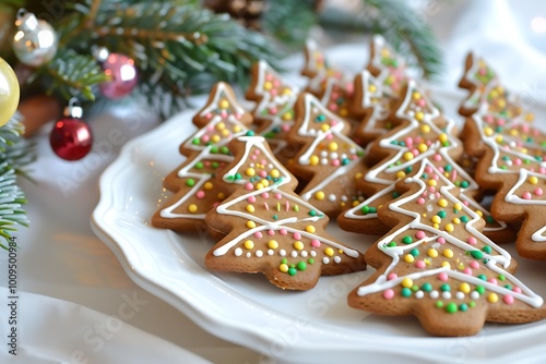 A plate of gingerbread cookies shaped like Christmas trees and decorated with colorful icing