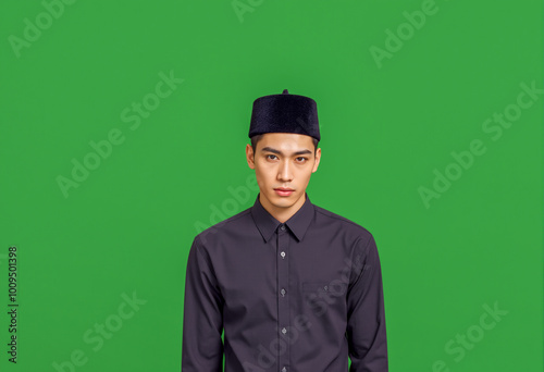 A young man in a dark shirt and traditional black cap stands confidently against a solid green background, exuding a minimalist and composed appearance. Generative AI photo