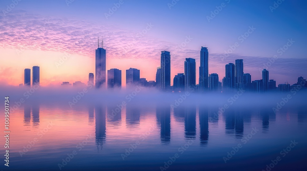 A serene skyline at dusk, featuring reflective waters and mist, with skyscrapers illuminated under a colorful sky. A serene skyline at dusk, featuring reflective waters and mist, with skyscrapers illuminated under a colorful sky.