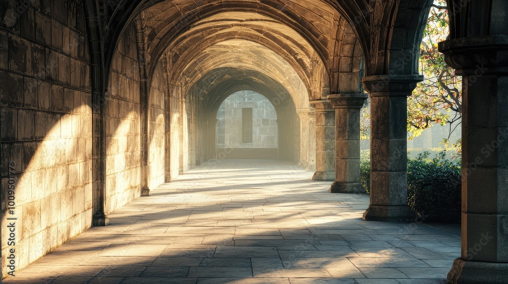 Fototapeta premium A serene stone corridor with arches, softly illuminated by morning light, creating a peaceful and inviting atmosphere.