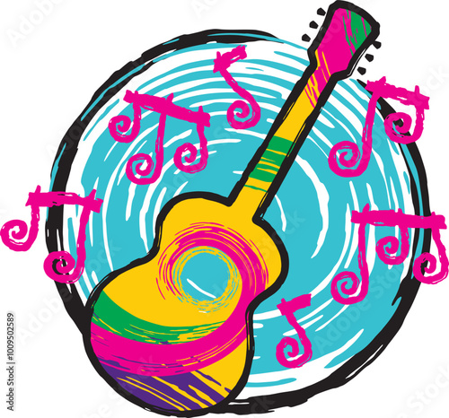 acoustic folk guitar over rough grunge spiral and music notes creative recording studio music festival band logo icon design vector illustration