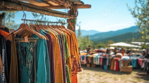 Vibrant Outdoor Market with Colorful Clothing Displays