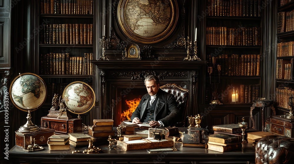 A sophisticated study with a man working by the fire, surrounded by books and vintage globes, evoking a sense of knowledge and history.