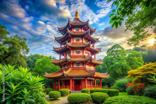 Stunning view of a traditional Chinese pagoda surrounded by lush greenery in East Orange, USA